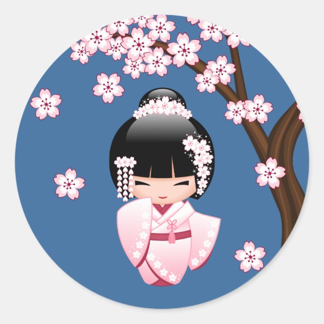 Sticker Rond Poupée blanche Kimono Kokeshi - mignonne Geisha Gi (Devant)