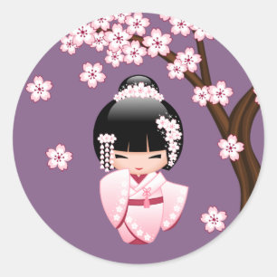 Sticker Rond Poupée blanche Kimono Kokeshi - mignonne Geisha Gi