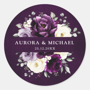 Sticker Rond Poupée d'aubergine Plum Ivory Blanc Floral Mariage