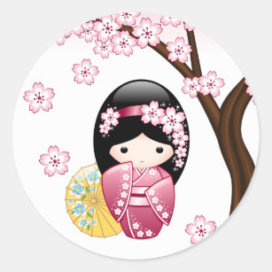 Sticker Rond Poupée de Kokeshi de ressort - fille de geisha