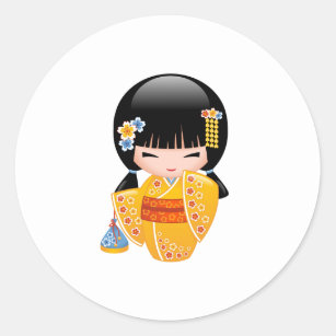 Sticker Rond Poupée de Kokeshi d'été - fille de geisha jaune de