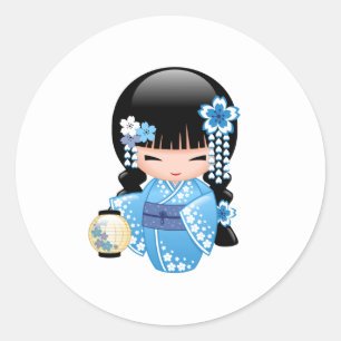 Sticker Rond Poupée de Kokeshi d'hiver - fille de geisha