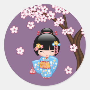 Sticker Rond Poupée de Maiko Kokeshi - fille de geisha bleue de