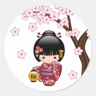 Sticker Rond Poupée de Sakura Kokeshi - fille de geisha