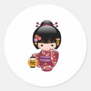 Sticker Rond Poupée de Sakura Kokeshi - fille de geisha sur le