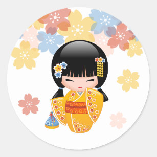 Sticker Rond Poupée d'été Kokeshi - Kimono Jaune Geisha Girl
