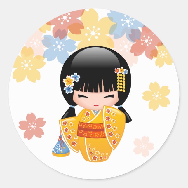 Sticker Rond Poupée d'été Kokeshi - Kimono Jaune Geisha Girl (Devant)