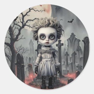 Sticker Rond Poupée fantôme d'Halloween au cimetière
