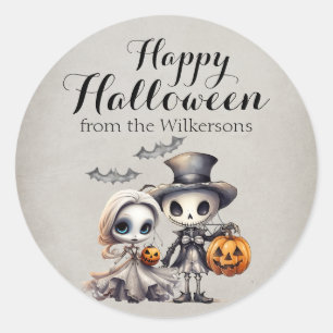 Sticker Rond Poupée fantôme éffrayante et Halloween squelette