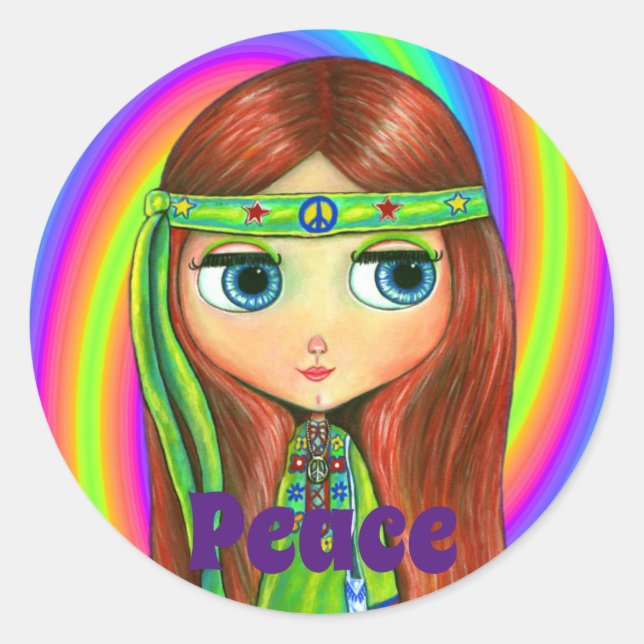 Sticker Rond Poupée Hippie verte Fille Paix Signal Headband mig (Devant)