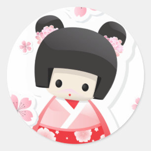 Sticker Rond Poupée japonaise de geisha - série de petits pai