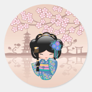 Sticker Rond Poupée Keiko Kokeshi - Blue Kimono Geisha Girl
