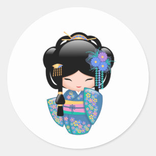 Sticker Rond Poupée Keiko Kokeshi - Blue Kimono Geisha Girl