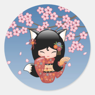 Sticker Rond Poupée Kitsune Kokeshi - Black Fox Geisha Girl