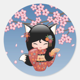 Sticker Rond Poupée Kitsune Kokeshi - Black Fox Geisha Girl