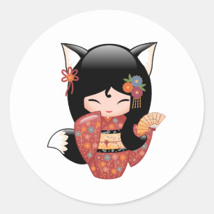 Sticker Rond Poupée Kitsune Kokeshi - Fille Black Fox