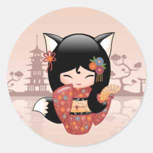 Sticker Rond Poupée Kitsune Kokeshi - jolie fille Black Fox