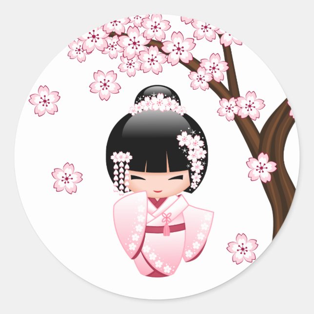 Sticker Rond Poupée Kokeshi Kimono Rose (Devant)