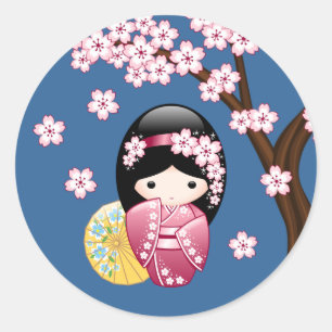 Sticker Rond Poupée Kokeshi Printemps - Cute Geisha Japonaise s