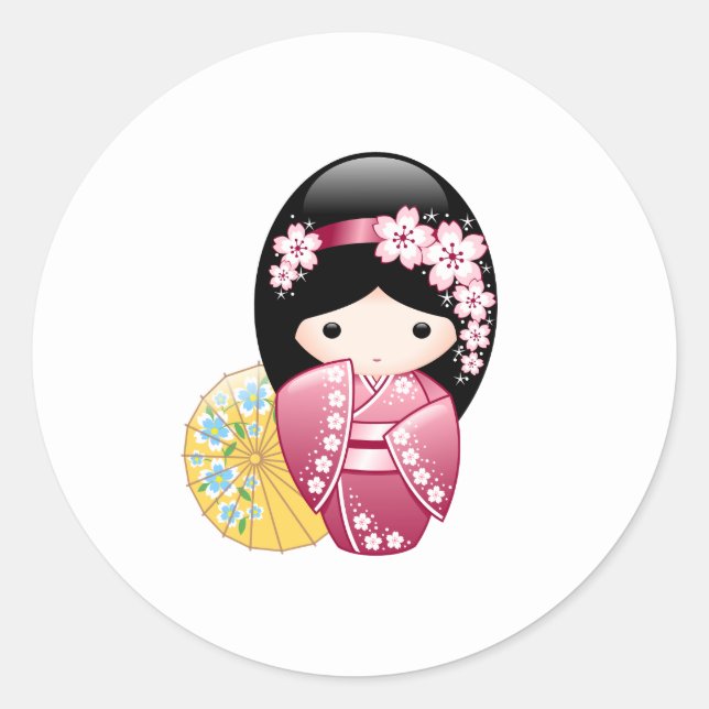 Sticker Rond Poupée Kokeshi Printemps - Cute Japonaise Geisha G (Devant)