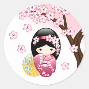 Sticker Rond Poupée Kokeshi Printemps - Cute Japonaise Geisha G