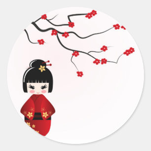 Sticker Rond Poupée Kokeshi sous la branche de Sakura