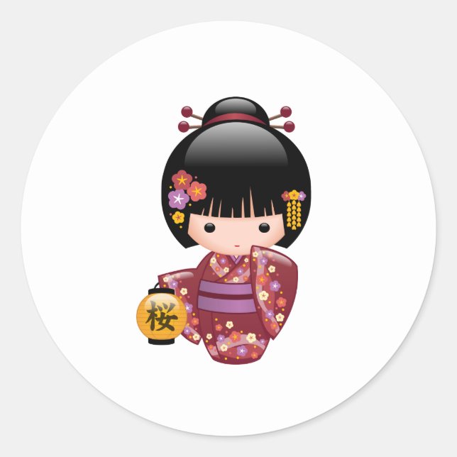 Sticker Rond Poupée Sakura Kokeshi - Geisha Girl sur blanc (Devant)