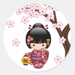 Sticker Rond Poupée Sakura Kokeshi - jolie fille japonaise Geis