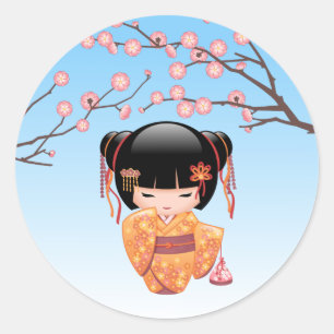 Sticker Rond Poupée Ume Kokeshi - Japonaise Geisha Girl Blue