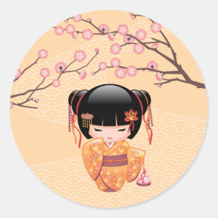 Sticker Rond Poupée Ume Kokeshi - Japonaise Pêche Geisha Girl