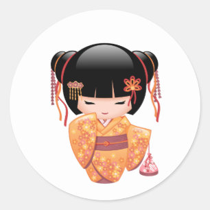 Sticker Rond Poupée Ume Kokeshi - Japonaise Pêche Geisha Girl