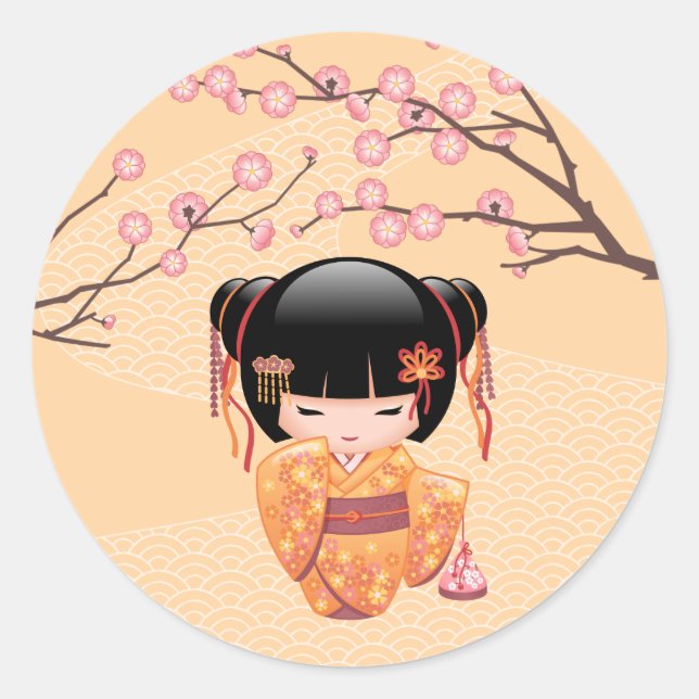 Sticker Rond Poupée Ume Kokeshi - Japonaise Pêche Geisha Girl (Devant)