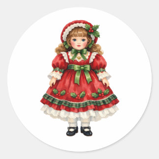Sticker Rond Poupée vintage aquarelle en robe de Noël
