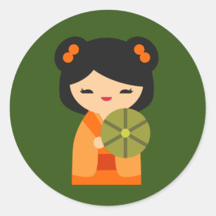 Sticker Rond Poupées japonaises de Cute orange Kokeshi