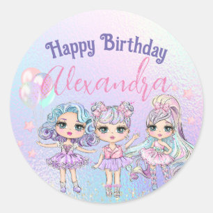 Sticker Rond Poupées Pailletées Fille Mignonne Anniversaire Hol