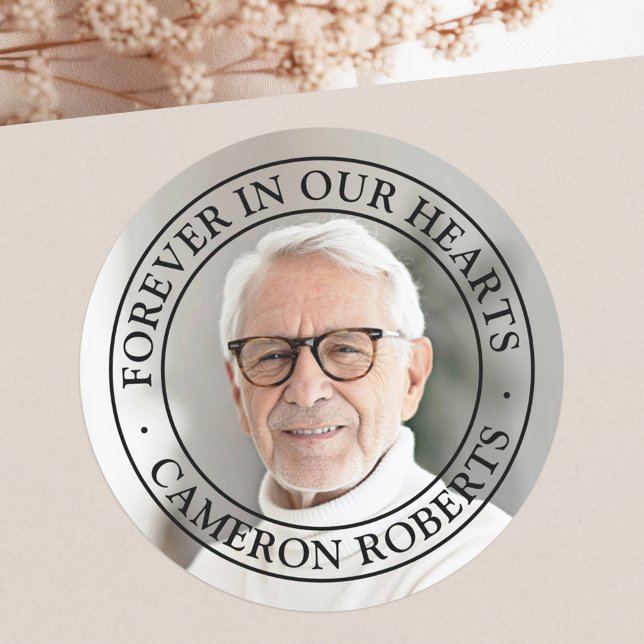 Sticker Rond Pour toujours dans nos coeurs mémorial pleine phot (Forever in our hearts memorial full photo elegant classic round sticker)
