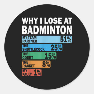 Sticker Rond Pourquoi je perds au badminton drôle c'est ma faut