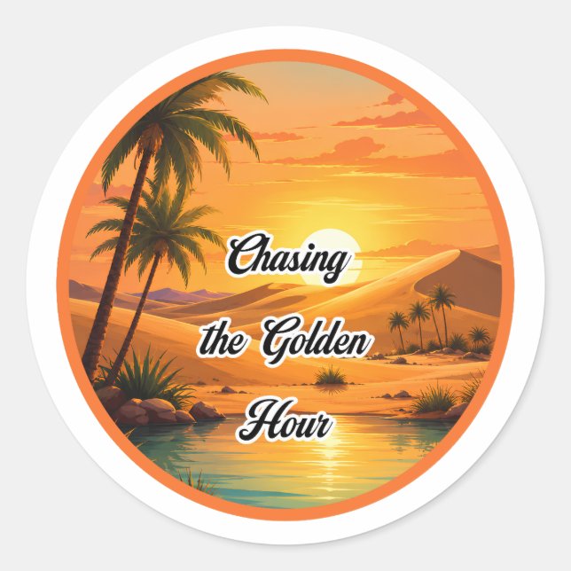 Sticker Rond Poursuite de l'heure dorée Oasis du coucher de sol (Devant)