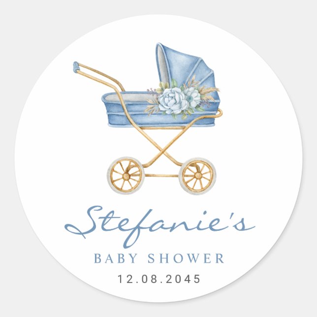 Sticker Rond Poussette aquarelle bleue Baby Shower C'est un gar (Devant)