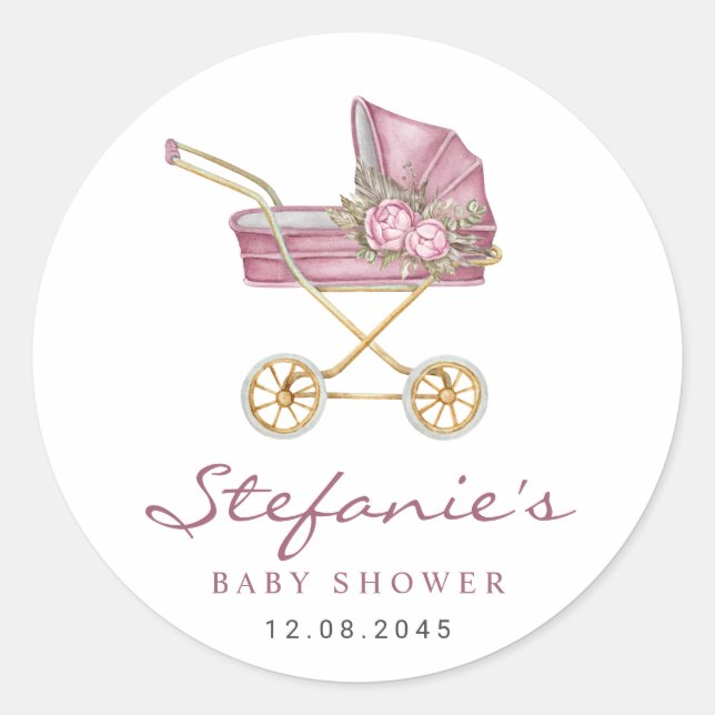 Sticker Rond Poussette aquarelle rose Baby Shower C'est une fil (Devant)
