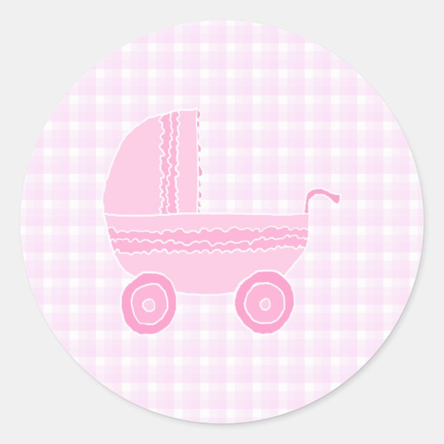 Sticker Rond Poussette bébé. Rose clair sur En vichy rose. (Devant)