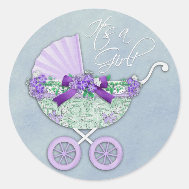 Sticker Rond Poussette bébé vert et lavande violet (Devant)