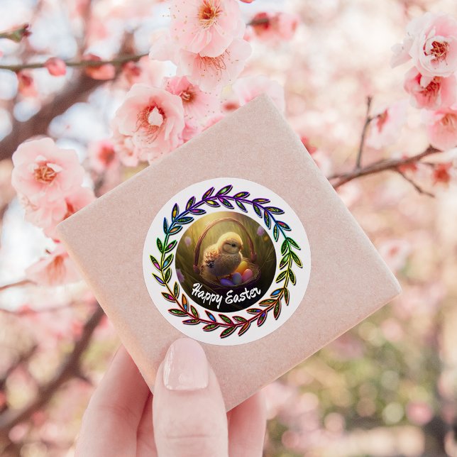 Sticker Rond Poussette De Pâques Dans Une Corbeille D'Oeufs (Créateur téléchargé)