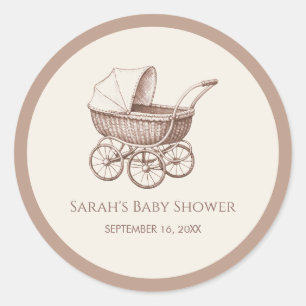 Sticker Rond Poussette Marron Ivoire Vintage Baby Shower