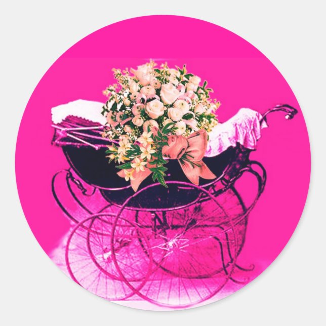 Sticker Rond Poussette vintage avec fleurs Baby Shower (Devant)