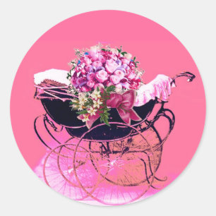Sticker Rond Poussette vintage avec fleurs Baby Shower