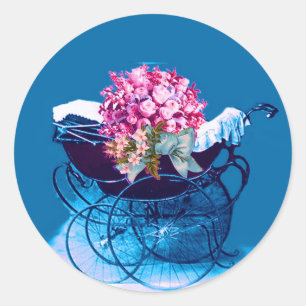 Sticker Rond Poussette vintage avec fleurs Baby Shower