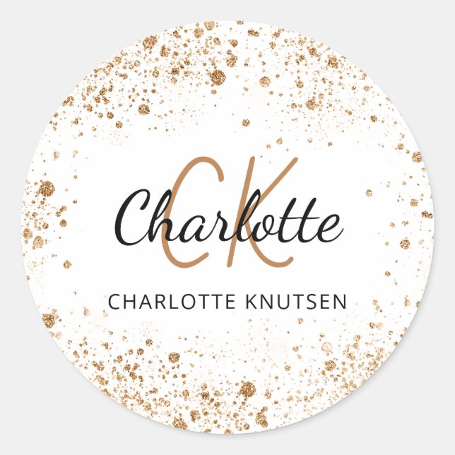 Sticker Rond Poussière de glitter or blanc monogramme initiales (Devant)