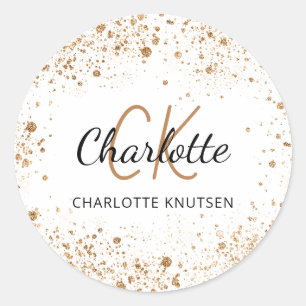 Sticker Rond Poussière de glitter or blanc monogramme initiales