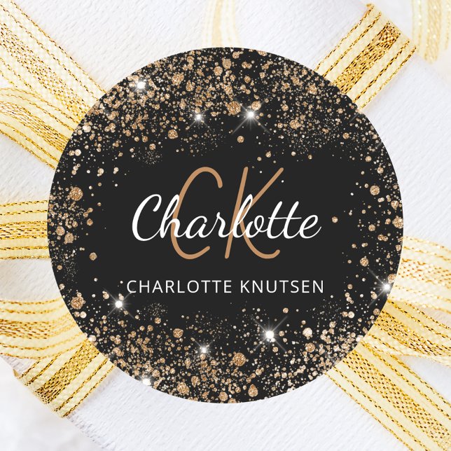 Sticker Rond Poussière de paillettes d'or noir monogramme initi (Créateur téléchargé)